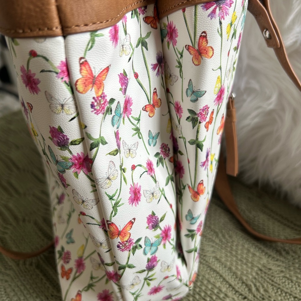 NWT MultiSac Cream Floral & Butterfly Tote with Brown Trim - Picture 7 of 9